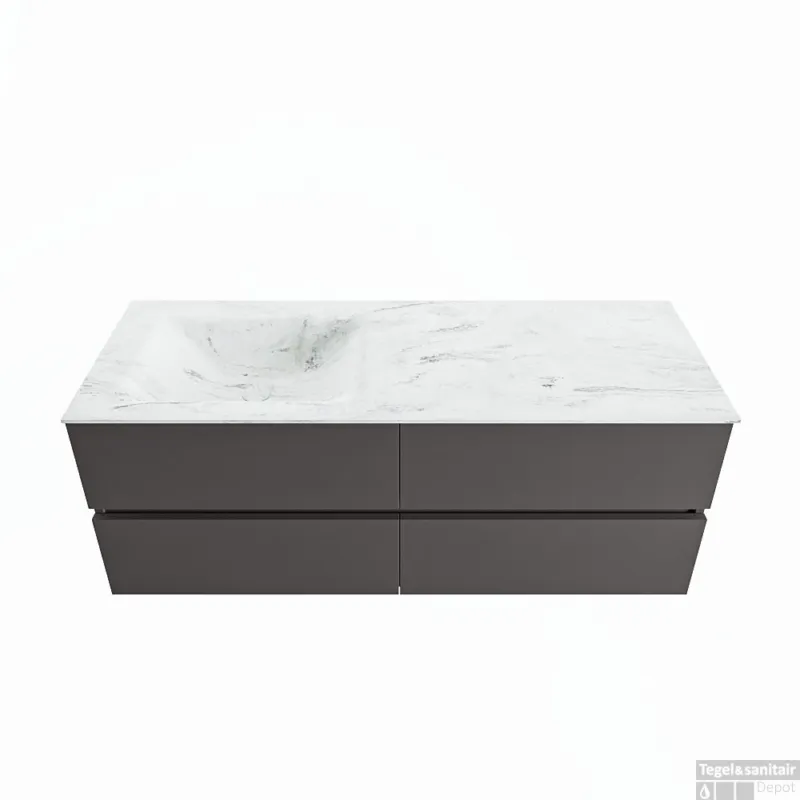 MONDIAZ VICA-DLUX 130cm badmeubel onderkast Dark grey 4 lades. Inbouw wastafel CLOUD links zonder kraangat, kleur Opalo. Direct Verzonden