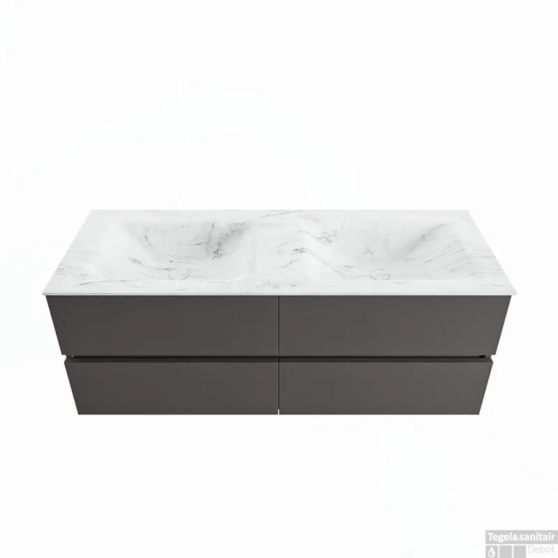 MONDIAZ VICA-DLUX 130cm badmeubel onderkast Dark grey 4 lades. Inbouw wastafel CLOUD dubbel zonder kraangat, kleur Opalo. Rechtstreeks Van De Fabrikant