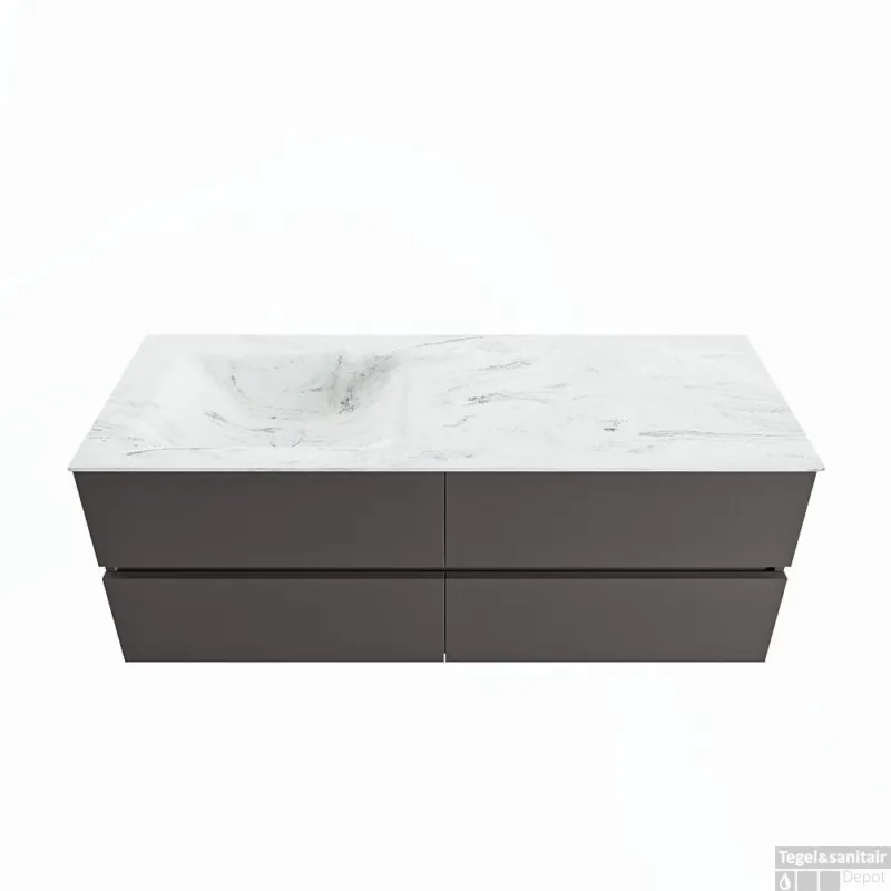 MONDIAZ VICA-DLUX 130cm badmeubel onderkast Dark grey 4 lades. Inbouw wastafel CLOUD links 1 kraangat, kleur Opalo. Direct Verzonden