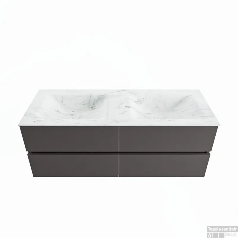 Aanbieding MONDIAZ VICA-DLUX 130cm badmeubel onderkast Dark grey 4 lades. Inbouw wastafel CLOUD dubbel 2 kraangaten, kleur Opalo.