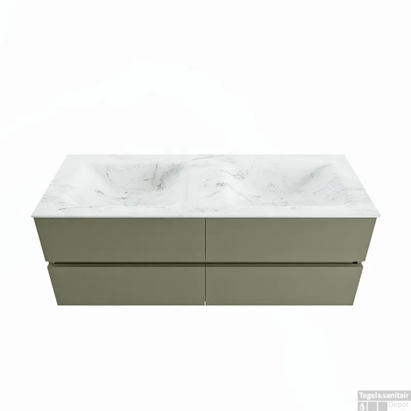 Speciale Aanbieding MONDIAZ VICA-DLUX 130cm badmeubel onderkast Army 4 lades. Inbouw wastafel CLOUD dubbel 2 kraangaten, kleur Opalo.
