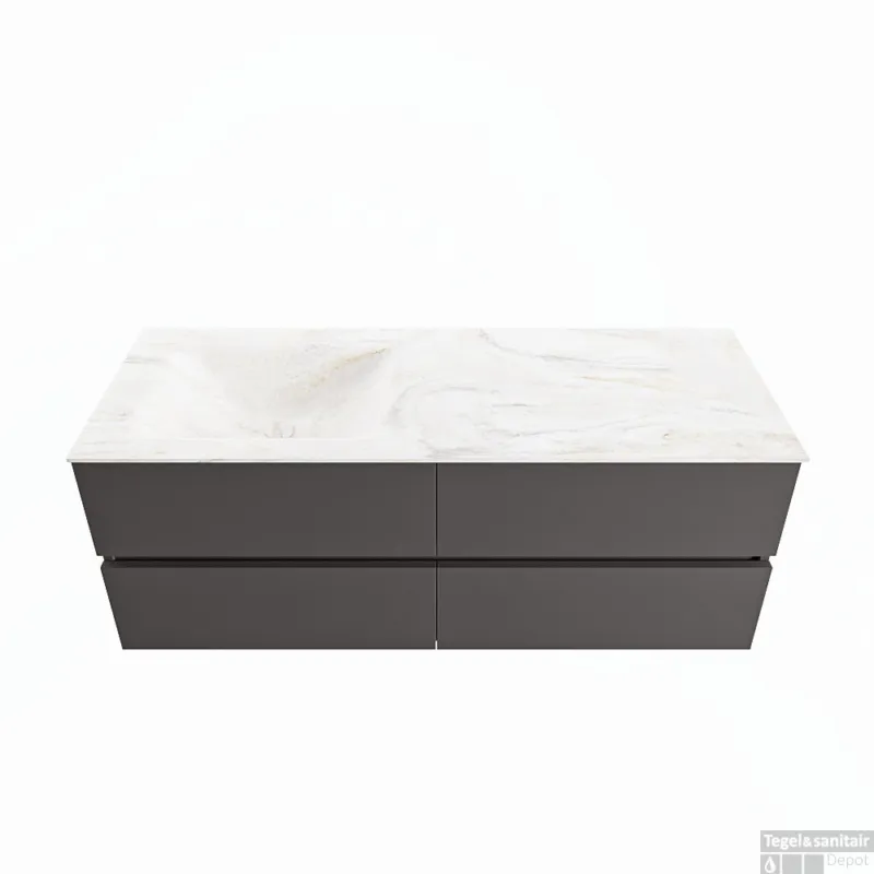MONDIAZ VICA-DLUX 130cm badmeubel onderkast Dark grey 4 lades. Inbouw wastafel CLOUD links zonder kraangat, kleur Ostra. Direct Beschikbaar