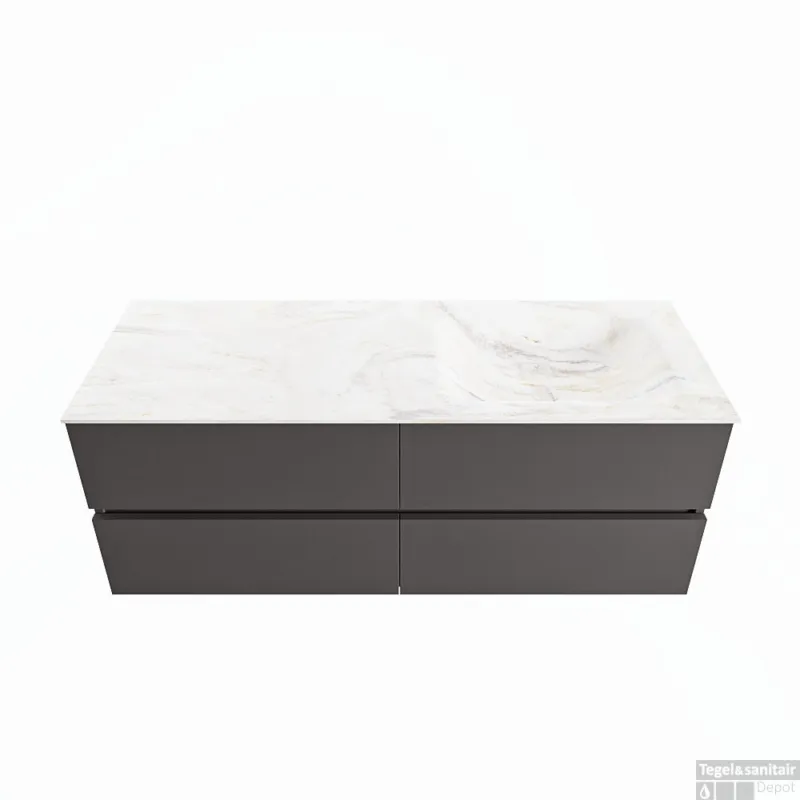 MONDIAZ VICA-DLUX 130cm badmeubel onderkast Dark grey 4 lades. Inbouw wastafel CLOUD rechts zonder kraangat, kleur Ostra. Direct Beschikbaar