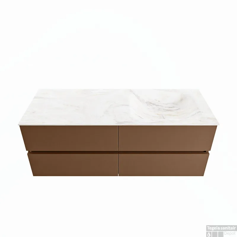 Op = Op MONDIAZ VICA-DLUX 130cm badmeubel onderkast Rust 4 lades. Inbouw wastafel CLOUD rechts 1 kraangat, kleur Ostra.