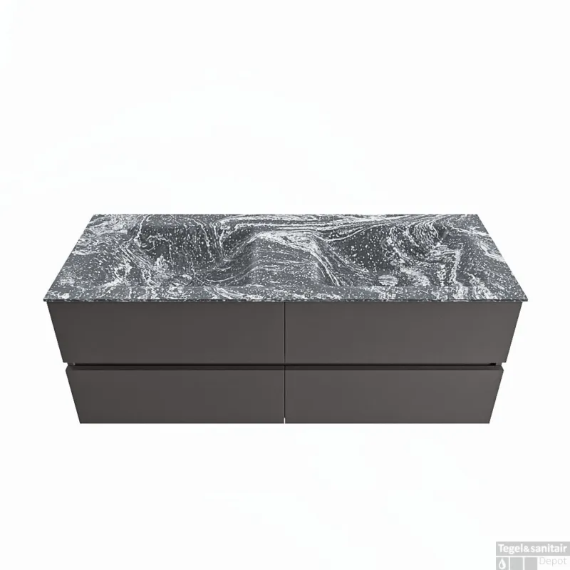 MONDIAZ VICA-DLUX 130cm badmeubel onderkast Dark grey 4 lades. Inbouw wastafel CLOUD dubbel zonder kraangat, kleur Lava. Hete Deal