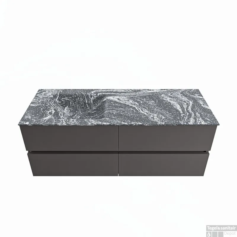 MONDIAZ VICA-DLUX 130cm badmeubel onderkast Dark grey 4 lades. Inbouw wastafel CLOUD links 1 kraangat, kleur Lava. Voordeelprijs
