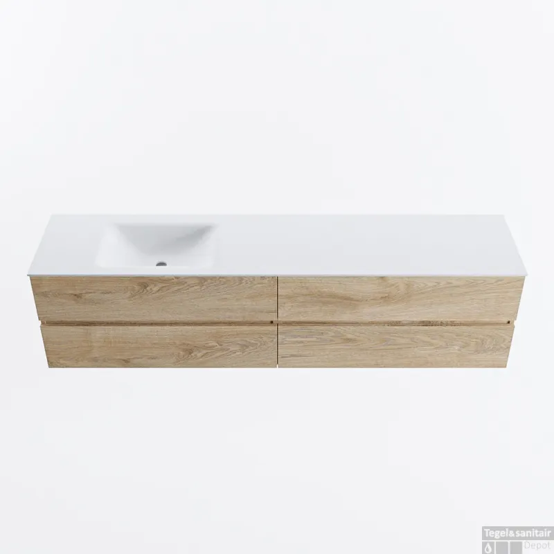 Speciale Aanbieding MONDIAZ VICA 200cm badmeubel onderkast Washed Oak 4 lades. Wastafel CLOUD links 1 kraangat, kleur Talc.