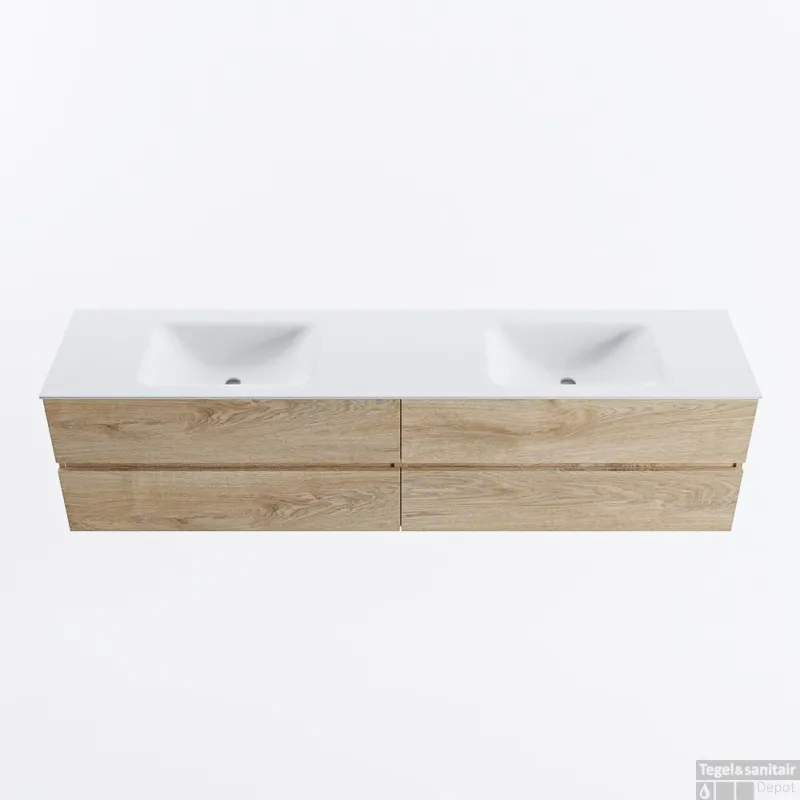 MONDIAZ VICA 200cm badmeubel onderkast Washed Oak 4 lades. Wastafel CLOUD dubbel 2 kraangaten, kleur Talc. Actieprijs