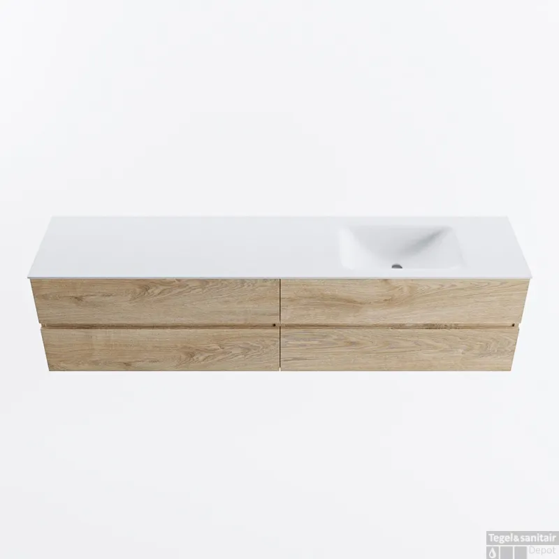 Speciale Aanbieding MONDIAZ VICA 200cm badmeubel onderkast Washed Oak 4 lades. Wastafel CLOUD rechts zonder kraangat, kleur Talc.