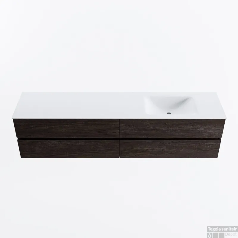 Aanbieding MONDIAZ VICA 200cm badmeubel onderkast Dark Brown 4 lades. Wastafel CLOUD rechts 1 kraangat, kleur Talc.