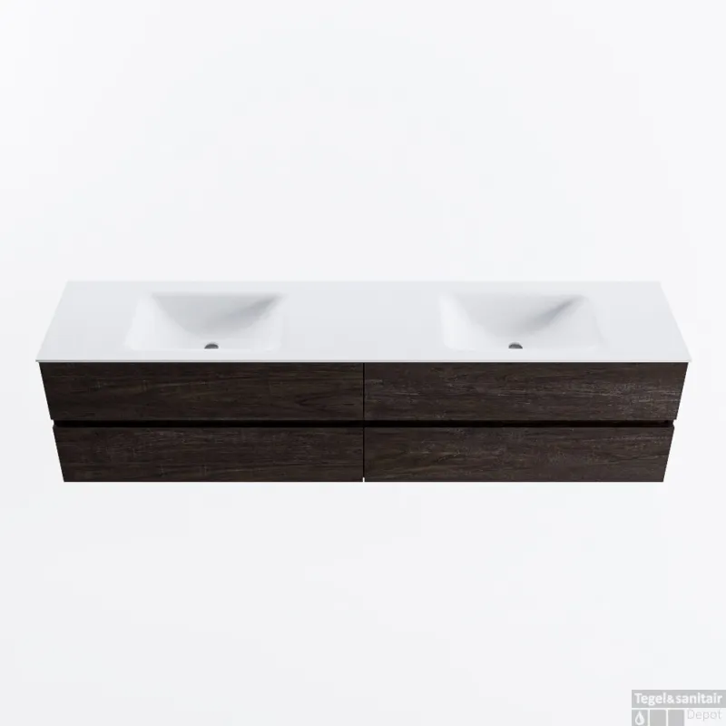 MONDIAZ VICA 200cm badmeubel onderkast Dark Brown 4 lades. Wastafel CLOUD dubbel 2 kraangaten, kleur Talc. Hete Deal
