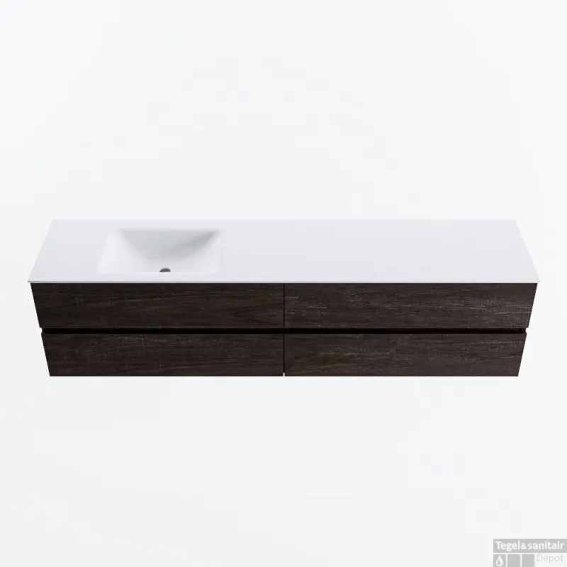 Aanbieding MONDIAZ VICA 200cm badmeubel onderkast Dark Brown 4 lades. Wastafel CLOUD links zonder kraangat, kleur Talc.