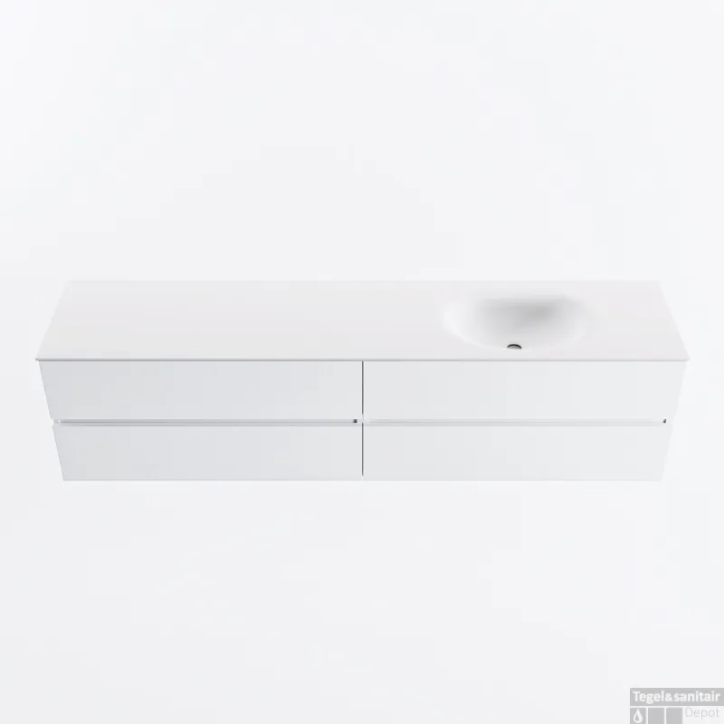Snelle Levering MONDIAZ VICA 200cm badmeubel onderkast Talc 4 lades. Wastafel MOON rechts zonder kraangat, kleur Talc.