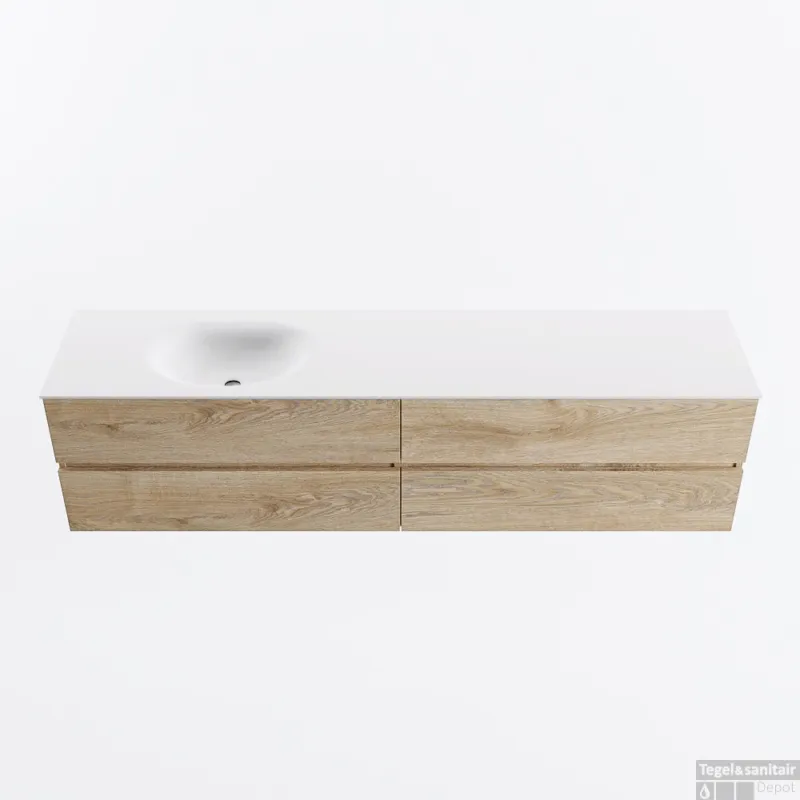 MONDIAZ VICA 200cm badmeubel onderkast Washed Oak 4 lades. Wastafel MOON links 1 kraangat, kleur Talc. Meest Verkocht
