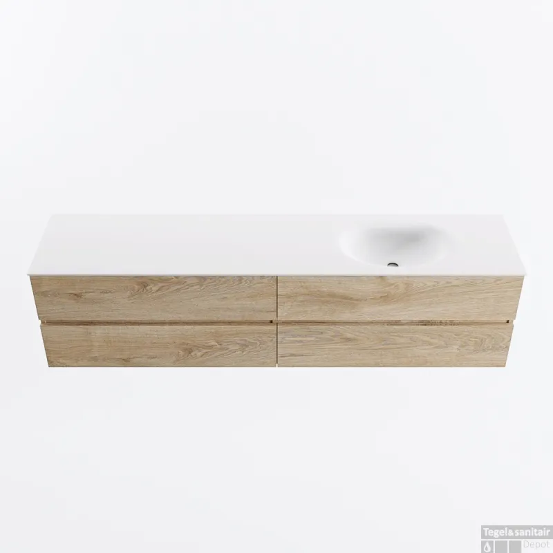 MONDIAZ VICA 200cm badmeubel onderkast Washed Oak 4 lades. Wastafel MOON rechts 1 kraangat, kleur Talc. Actieprijs