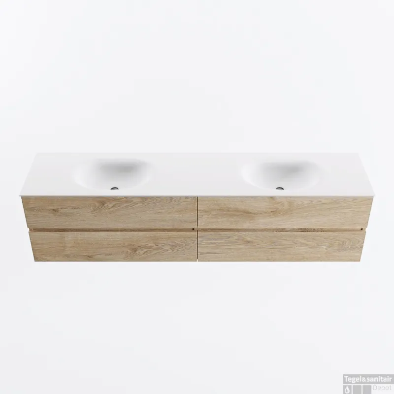 MONDIAZ VICA 200cm badmeubel onderkast Washed Oak 4 lades. Wastafel MOON dubbel 2 kraangaten, kleur Talc. Rechtstreeks Van De Fabrikant