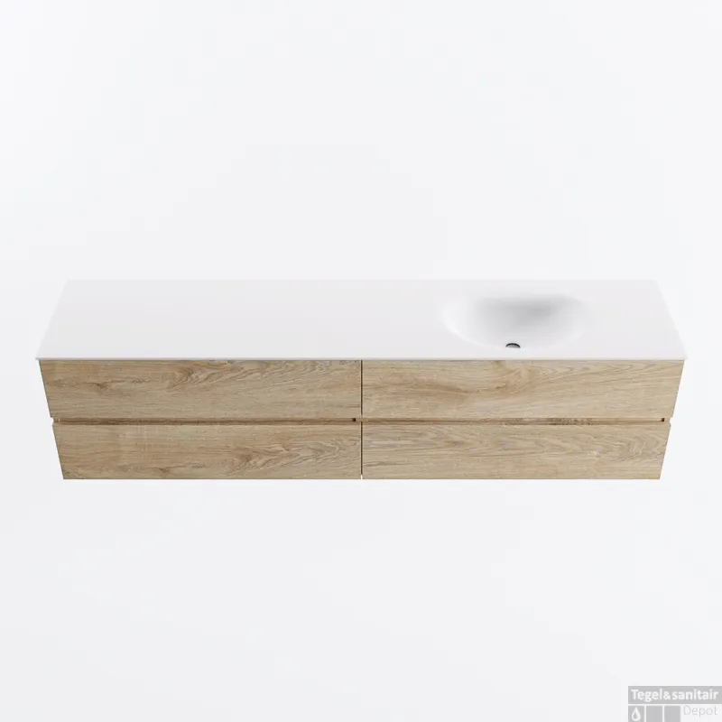 MONDIAZ VICA 200cm badmeubel onderkast Washed Oak 4 lades. Wastafel MOON rechts zonder kraangat, kleur Talc. Superprijs