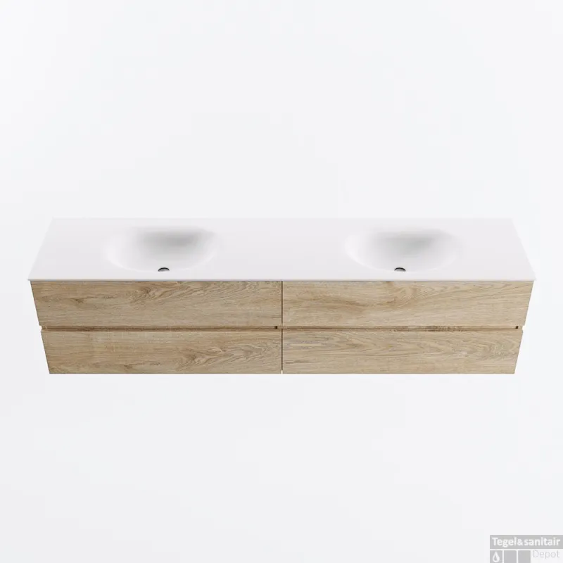 MONDIAZ VICA 200cm badmeubel onderkast Washed Oak 4 lades. Wastafel MOON dubbel zonder kraangat, kleur Talc. Gecertificeerd