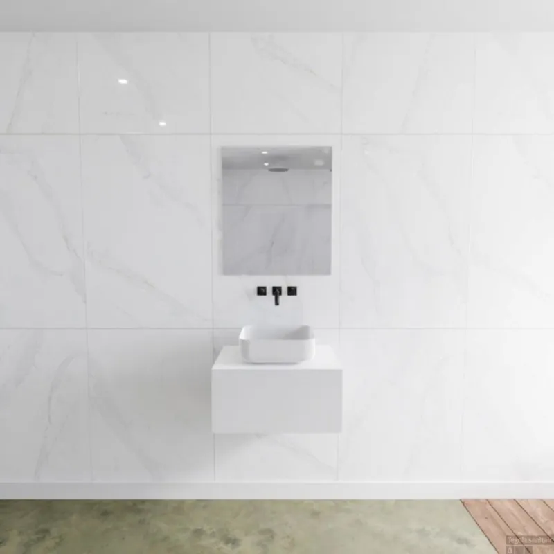 Alleen Vandaag Badkamermeubelset Mondiaz LAGOM 60 cm met Topblad Gecentreerde Wastafel Solid Surface Opzetkom Binx Zonder Kraangaten Mat Wit (1 lade)