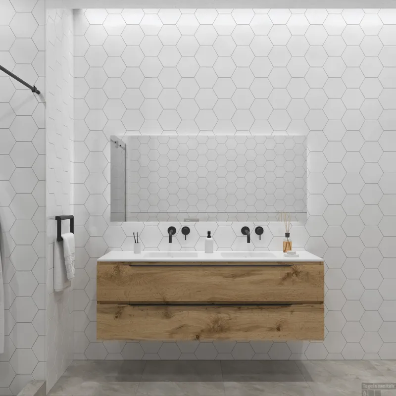 Speciale Aanbieding Badkamermeubelset Gliss Design Hera Mat Zwart 160cm 4 Laden Rustiek Eiken (Keuze Wastafel)
