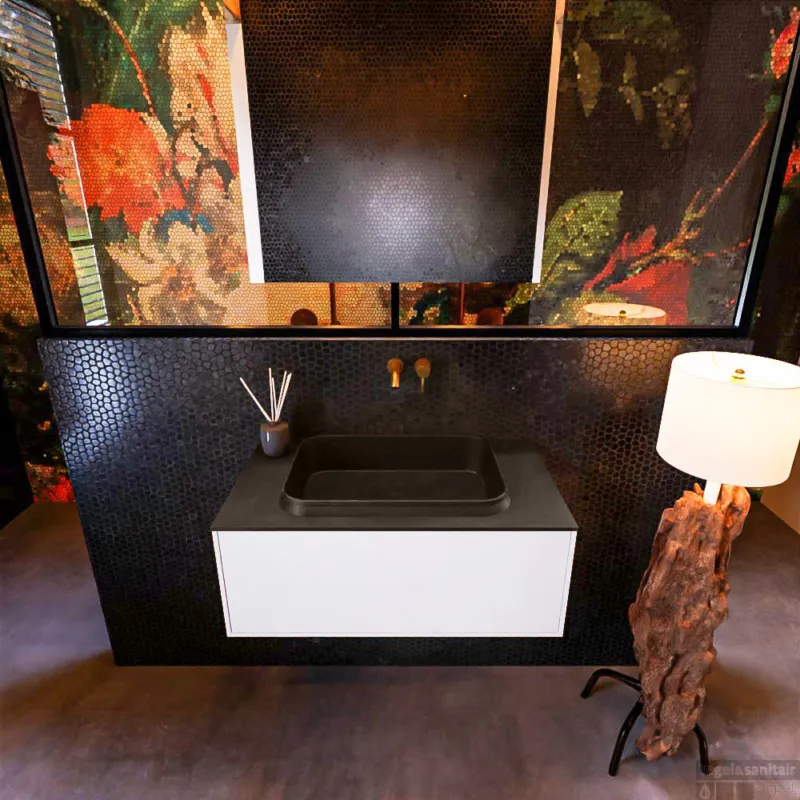 Uitverkoop Badkamermeubelset Mondiaz Erin 80 cm met 1 Lade met RIDGE Wastafel Midden Urban Zonder Kraangaten Greeploos Mat Talc