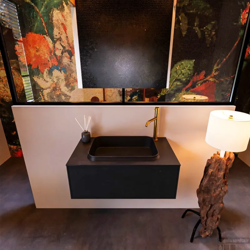 Actieprijs Badkamermeubelset Mondiaz Erin 80 cm met 1 Lade met RIDGE Wastafel Midden Urban met 1 kraangat Greeploos Mat Urban