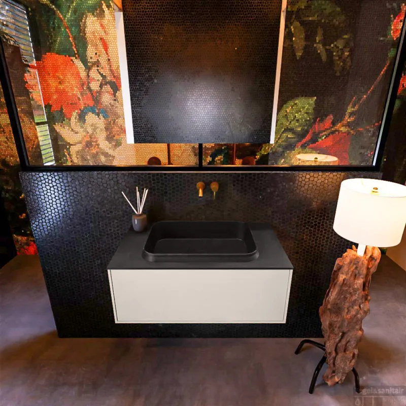 Weekendaanbieding Badkamermeubelset Mondiaz Erin 80 cm met 1 Lade met RIDGE Wastafel Midden Urban Zonder Kraangaten Greeploos Mat Linen