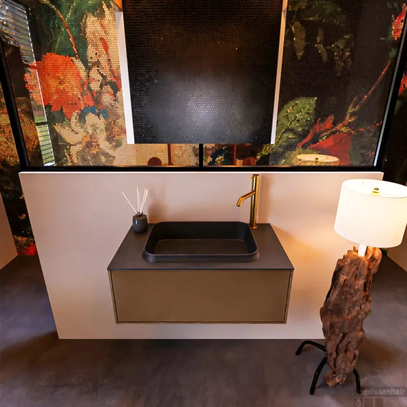 Veilige Betaling Badkamermeubelset Mondiaz Erin 80 cm met 1 Lade met RIDGE Wastafel Midden Urban met 1 kraangat Greeploos Mat Rust