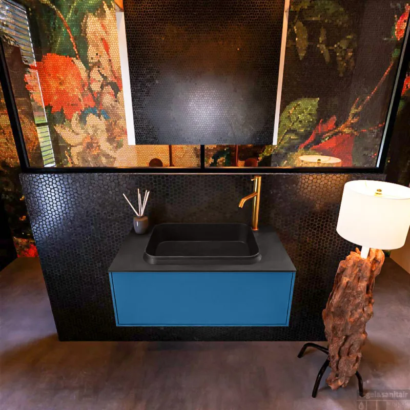 Hete Deal Badkamermeubelset Mondiaz Erin 80 cm met 1 Lade met RIDGE Wastafel Midden Urban met 1 kraangat Greeploos Mat Jeans