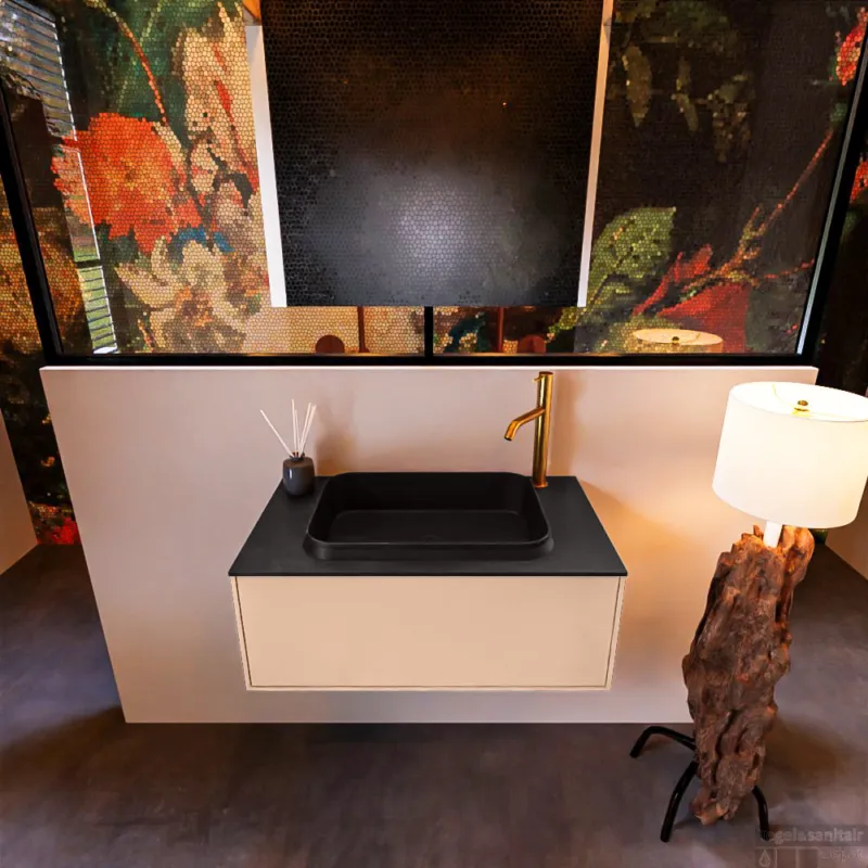 Populair Badkamermeubelset Mondiaz Erin 80 cm met 1 Lade met RIDGE Wastafel Midden Urban met 1 kraangat Greeploos Mat Rosee