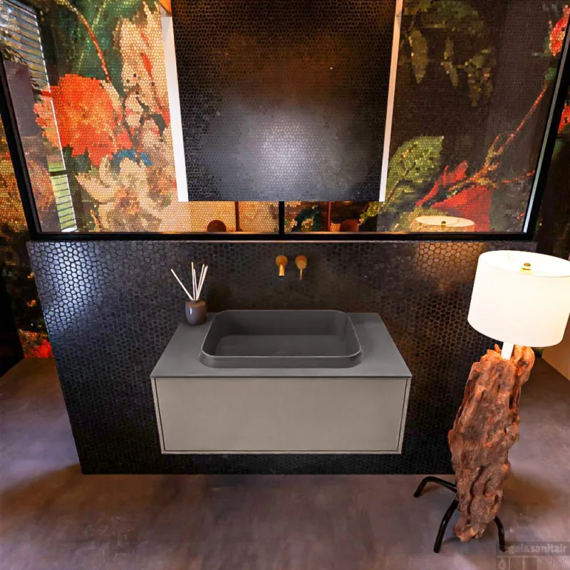 Tijdelijk Beschikbaar Badkamermeubelset Mondiaz Erin 80 cm met 1 Lade met RIDGE Wastafel Midden Dark grey Zonder Kraangaten Greeploos Mat Smoke