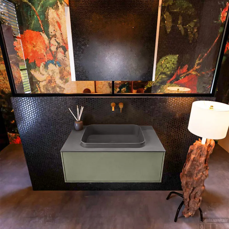 Populair Badkamermeubelset Mondiaz Erin 80 cm met 1 Lade met RIDGE Wastafel Midden Dark grey Zonder Kraangaten Greeploos Mat Army