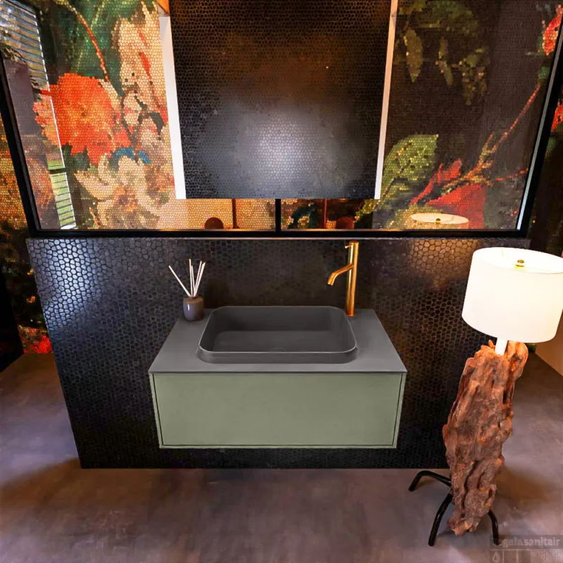 Badkamermeubelset Mondiaz Erin 80 cm met 1 Lade met RIDGE Wastafel Midden Dark grey met 1 kraangat Greeploos Mat Army Flitsaanbieding