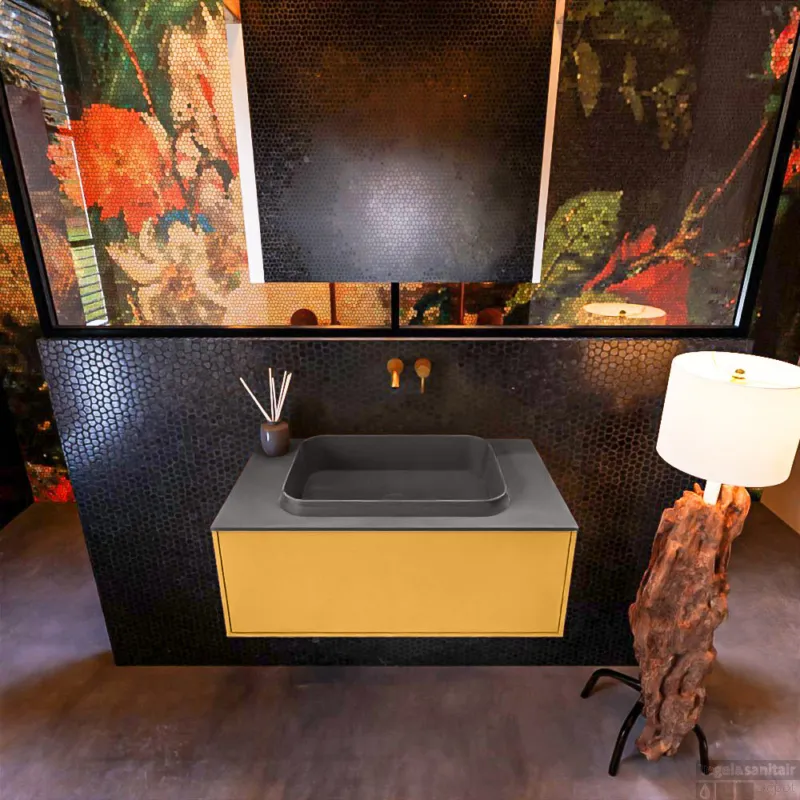 Uitverkoop Badkamermeubelset Mondiaz Erin 80 cm met 1 Lade met RIDGE Wastafel Midden Dark grey Zonder Kraangaten Greeploos Mat Ocher