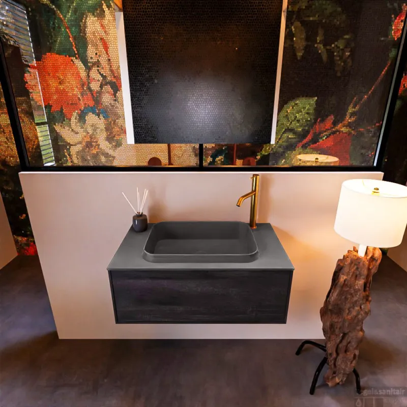 Badkamermeubelset Mondiaz Erin 80 cm met 1 Lade met RIDGE Wastafel Midden Dark grey met 1 kraangat Greeploos Mat Dark Brown Betaalbaar
