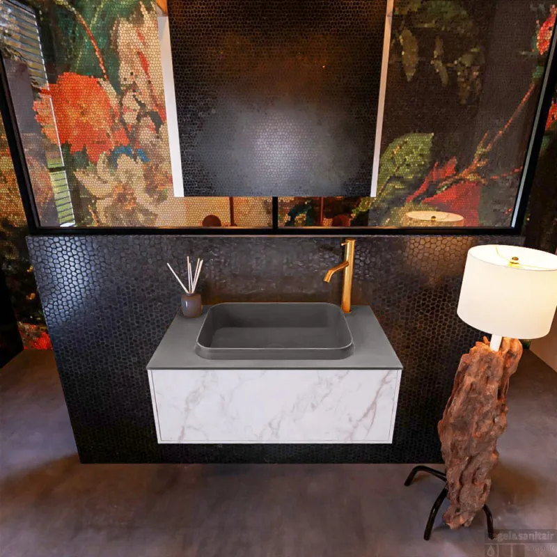 Badkamermeubelset Mondiaz Erin 80 cm met 1 Lade met RIDGE Wastafel Midden Dark grey met 1 kraangat Greeploos Mat Carrara Actieprijs