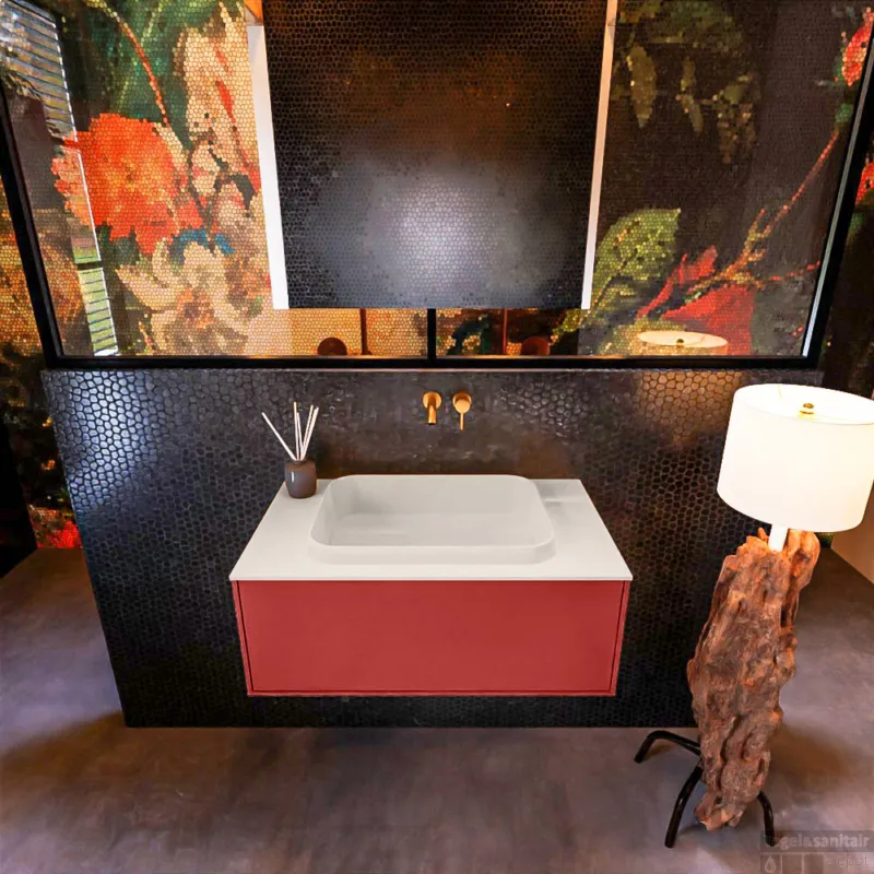 Tijdelijk Beschikbaar Badkamermeubelset Mondiaz Erin 80 cm met 1 Lade met RIDGE Wastafel Midden Linen Zonder Kraangaten Greeploos Mat Fire