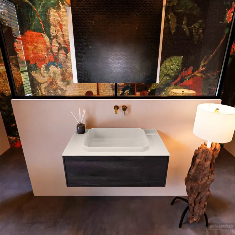 Aanbieding Badkamermeubelset Mondiaz Erin 80 cm met 1 Lade met RIDGE Wastafel Midden Linen Zonder Kraangaten Greeploos Mat Dark Brown