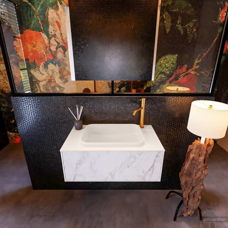 Seizoensaanbieding Badkamermeubelset Mondiaz Erin 80 cm met 1 Lade met RIDGE Wastafel Midden Linen met 1 kraangat Greeploos Mat Carrara