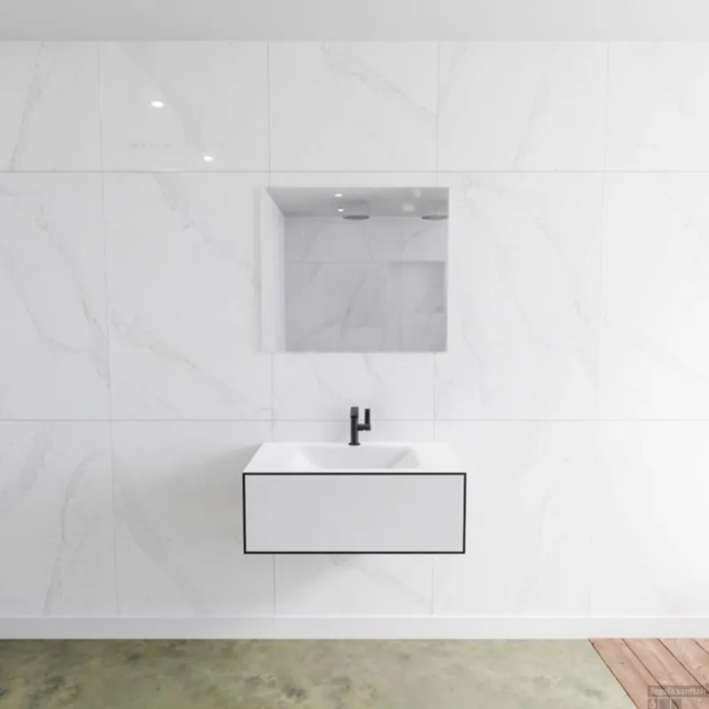 Must-Have Badkamermeubelset Mondiaz LAGOM 80 cm met Gecentreerde Wastafel Solid Surface Met 1 Kraangat Mat Wit (1 lade)