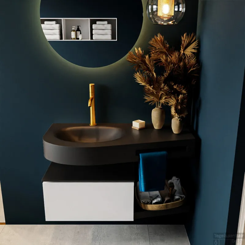 MONDIAZ RIVA 100cm badmeubel onderkast / planchet kleur Talc met 1 lade. Wastafel DULCET links 1 kraangat kleur Urban. Hoge Kwaliteit