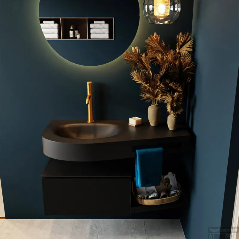 MONDIAZ RIVA 100cm badmeubel onderkast / planchet kleur Urban met 1 lade. Wastafel DULCET links 1 kraangat kleur Urban. Aanbieding