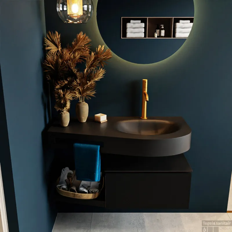 MONDIAZ RIVA 100cm badmeubel onderkast / planchet kleur Urban met 1 lade. Wastafel DULCET rechts 1 kraangat kleur Urban. Speciale Aanbieding