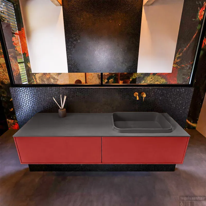 Badkamermeubelset Mondiaz Erin 150 cm met 2 Lades met RIDGE Wastafel Rechts Dark grey Zonder Kraangaten Greeploos Mat Fire Finale Uitverkoop