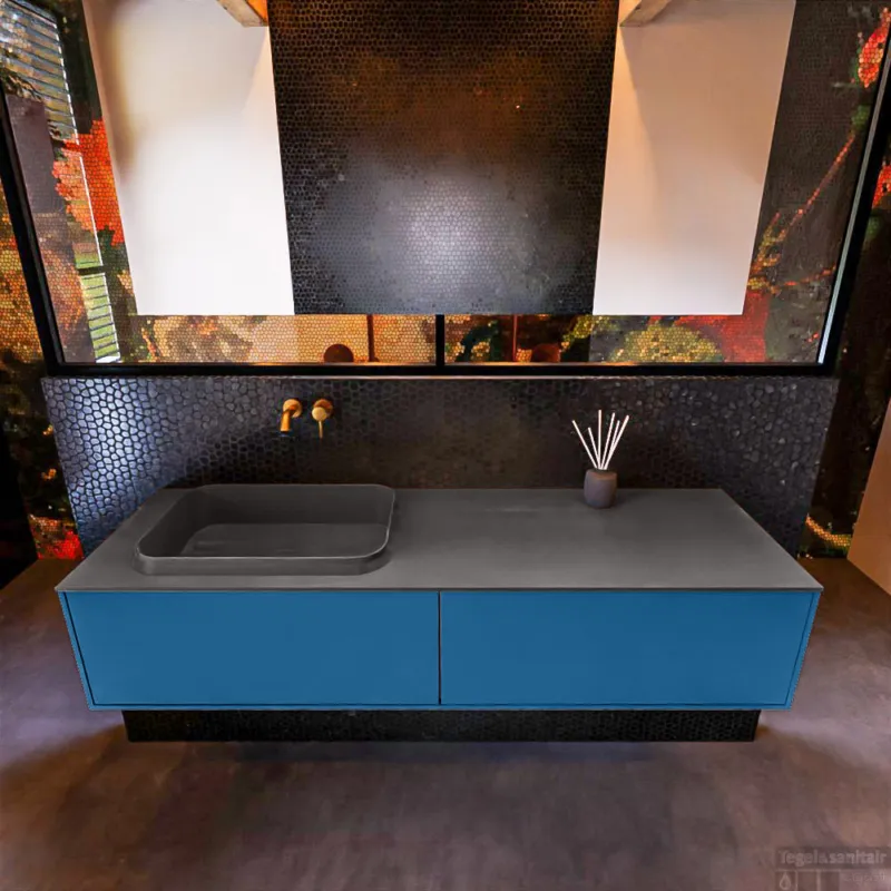 Badkamermeubelset Mondiaz Erin 150 cm met 2 Lades met RIDGE Wastafel Links Dark grey Zonder Kraangaten Greeploos Mat Jeans Tijdelijk Beschikbaar