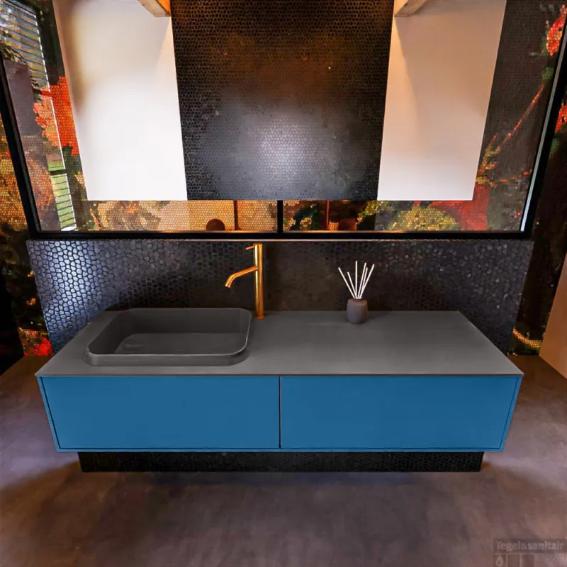 Badkamermeubelset Mondiaz Erin 150 cm met 2 Lades met RIDGE Wastafel Links Dark grey met 1 kraangat Greeploos Mat Jeans Beperkte Voorraad