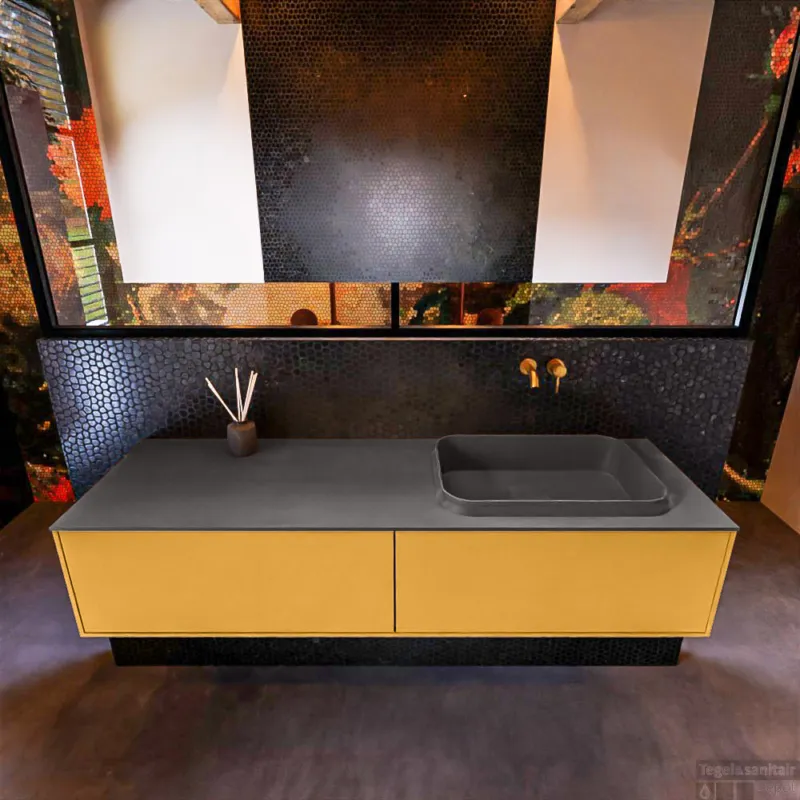 Badkamermeubelset Mondiaz Erin 150 cm met 2 Lades met RIDGE Wastafel Rechts Dark grey Zonder Kraangaten Greeploos Mat Ocher Voordeelprijs