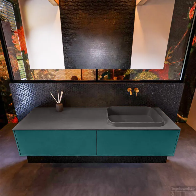 Badkamermeubelset Mondiaz Erin 150 cm met 2 Lades met RIDGE Wastafel Rechts Dark grey Zonder Kraangaten Greeploos Mat Smag Lage Prijs