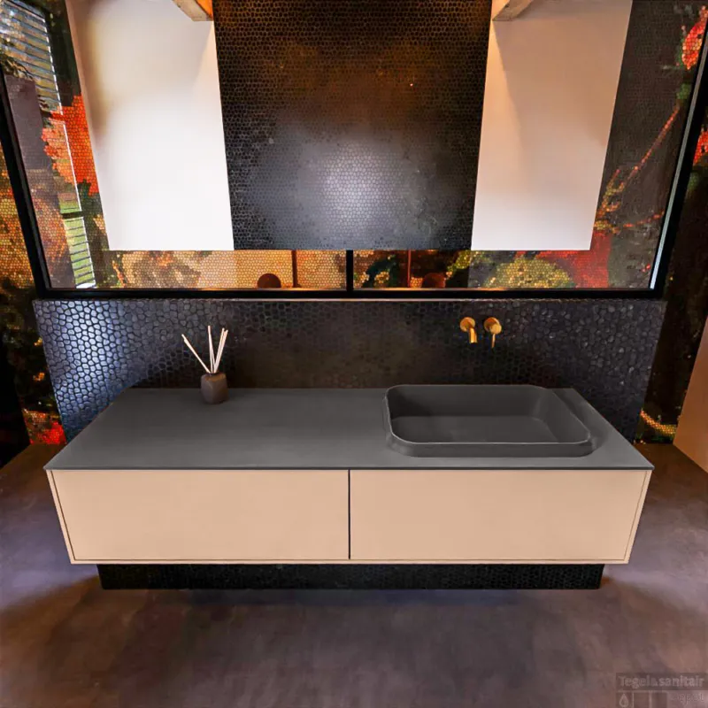 Badkamermeubelset Mondiaz Erin 150 cm met 2 Lades met RIDGE Wastafel Rechts Dark grey Zonder Kraangaten Greeploos Mat Rosee Aanbieding
