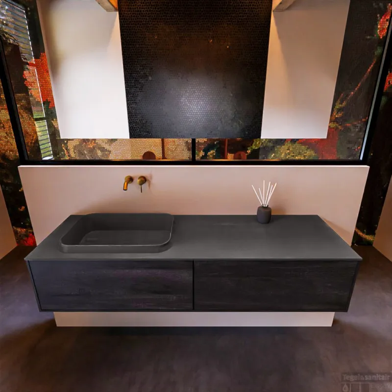 Badkamermeubelset Mondiaz Erin 150 cm met 2 Lades met RIDGE Wastafel Links Dark grey Zonder Kraangaten Greeploos Mat Antracite Dagaanbieding